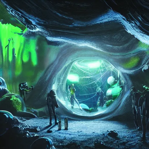 Image similar to a crew of space explorers enter inside a alien nest full of hatching eggs, dark cave, green bioluminescent light, futuristic, realistic, highly detailed, real picture