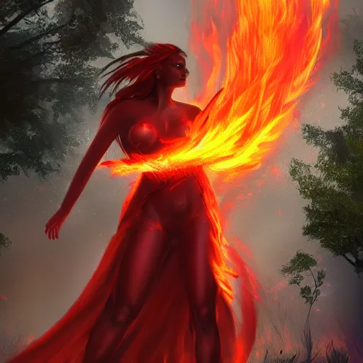 Prompt: Hot fire goddess, skin of flames, body made of fire, rampaging, stormy background, forest fire, breathing fire, fire in hand, concept art, tiny person watching, artstation, 4k