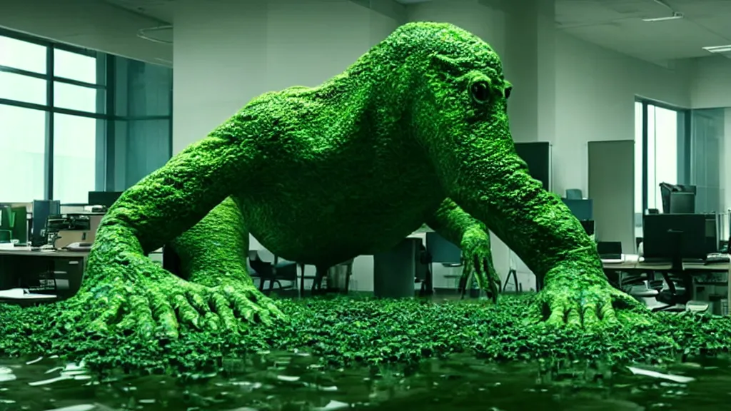 Prompt: the strange giant creature in the office, made of Chlorophyll and water, film still from the movie directed by Denis Villeneuve with art direction by Salvador Dalí