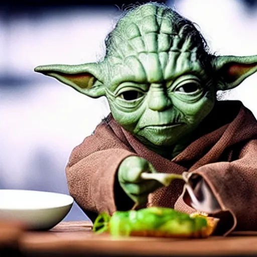 Image similar to A still of Yoda eating pabellón, 4k, photograph, ultra realistic, highly detailed, professional lighting