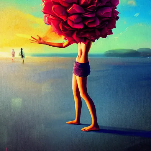 Image similar to portrait, giant rose flower head, girl dancing at the beach, surreal photography, sunrise, blue sky, dramatic light, impressionist painting, digital painting, artstation, simon stalenhag