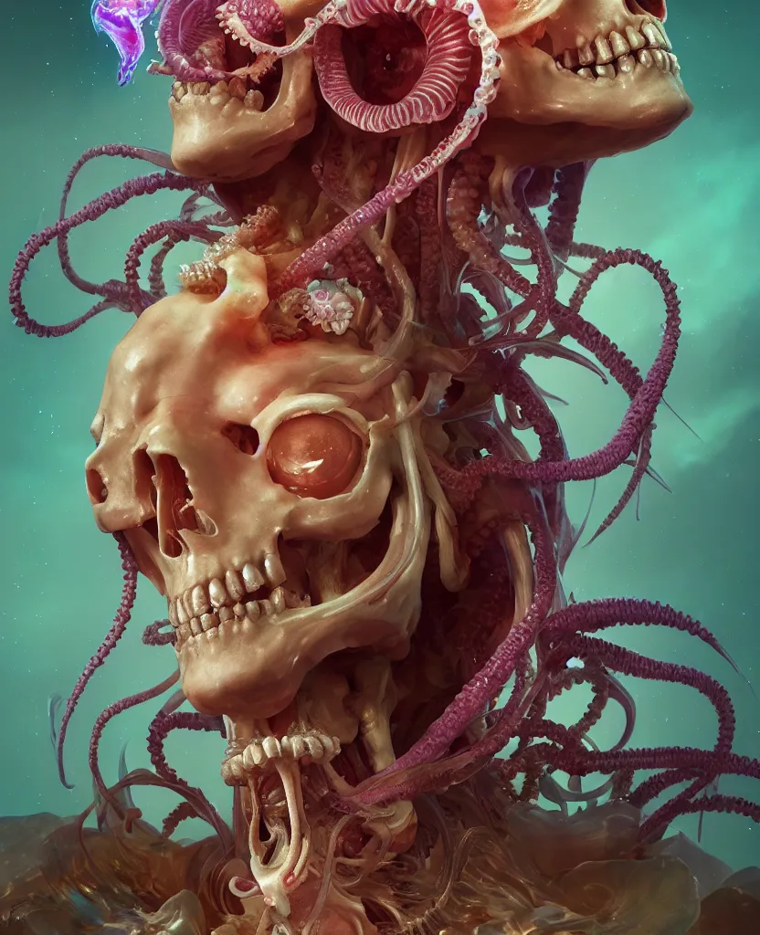 Image similar to goddess close - up portrait human skeleton, ram skull, squid phoenix jellyfish, orchid, betta fish, bioluminiscent, intricate artwork by tooth wu and wlop and beeple. octane render, trending on artstation, greg rutkowski very coherent symmetrical artwork. cinematic, hyper realism, high detail, octane render, 8 k