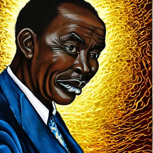 Image similar to a painting of a loving, caring fatherly wide forehead, aquiline nose, round face, XXL , generous, ever-present, humble, wise elder from Kenya in a suit by Wangechi Mutu . Fatherly/daddy, focused, loving, leader, relaxed. Gold background, heavenly lights, details, smooth, sharp focus, illustration, realistic, cinematic, artstation, award winning, rgb , unreal engine, octane render, cinematic light, macro, depth of field, blur, light and clouds, highly detailed epic cinematic concept art CG render made in Maya, Blender and Photoshop, octane render, excellent composition, dynamic dramatic cinematic lighting, aesthetic, very inspirational, arthouse.