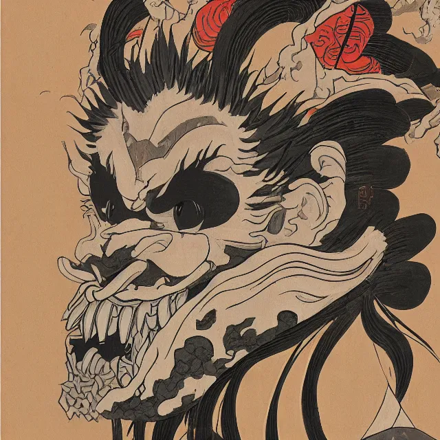 Prompt: a painting of an oni mask by katsushika hokusai, dark fantasy art, high detail, trending on artstation