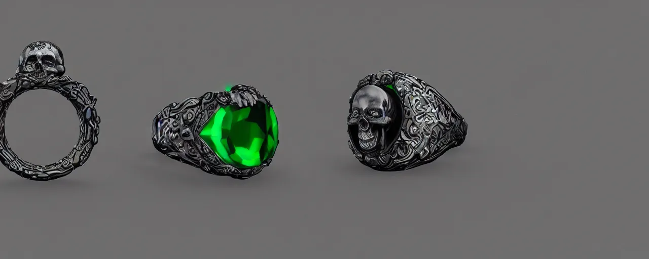 Image similar to simple magic ring of poison, ring, skull, green, black, smooth shank, crystals, engravings, product design, jewelry, colorful, art by gerald brom, greg rutkowski and artgerm, photo realism, unreal engine, c 4 d