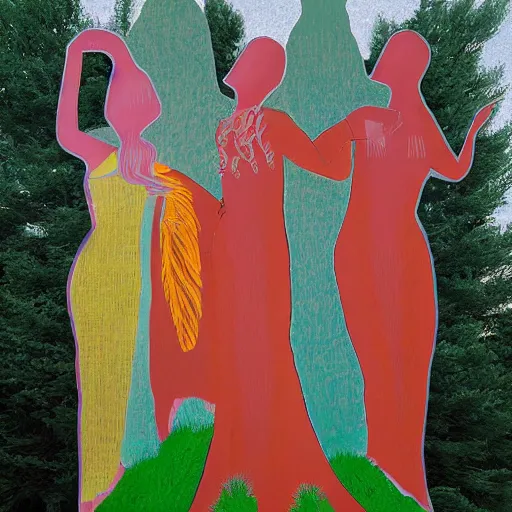 Image similar to The land art is a beautiful work of art. The three graces are depicted as beautiful young women, each with their own unique charms. The land art is full of color and life, and the women seem to radiate happiness and joy. Mesozoic, Ancient Roman by Noelle Stevenson jaunty