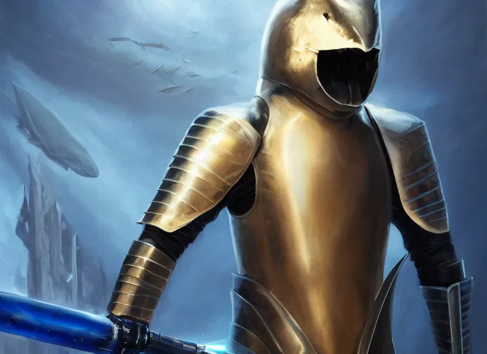 Prompt: beautiful oil matte portrait painting, thresher shark in knight armor, blue shark, holding a lightsaber, fantasy, wonderful masterpiece highly detailed, scifi, beautiful cinematic light deep focus, elegant, digital painting, smooth, sharp focus, golden ratio, dramatic illumination, ultra realistic, 8 k, art by jimmy law