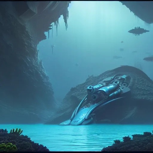 Image similar to a matte painting of alien underwater landscape of lush flora, remnants of old spaceship, alien creatures emerging, morning, by Giger and Ralph McQuarrie and Bruce Pennington, cinematic lighting, ambient light, hyperrealism, nvidia, octane render, 8k, iridescent accents, vray, deviantart