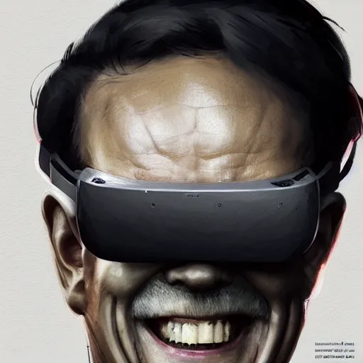 Image similar to Portrait of a man by Greg Rutkowski, symmetrical face, an old man using a VR Headset covering his eyes, Kubric Stare, crooked and uncanny smile smile, highly detailed portrait, scifi, digital painting, artstation, book cover, cyberpunk, concept art, smooth, sharp foccus ilustration, Artstation HQ