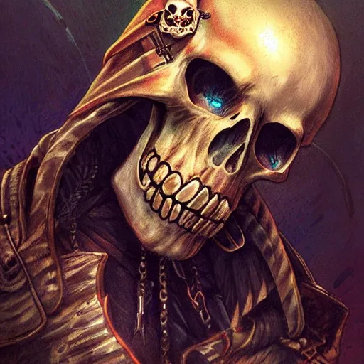 Prompt: cyborg pirate skull in the style of Marc Simonetti