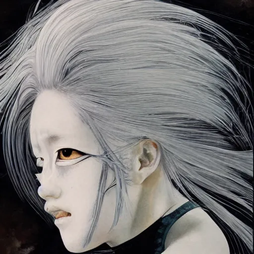 Image similar to Yoshitaka Amano realistic illustration of an anime girl with white hair and cracks on her face wearing dress suit with tie fluttering in the wind, abstract black and white patterns on the background, noisy film grain effect, highly detailed, Renaissance oil painting, weird portrait angle