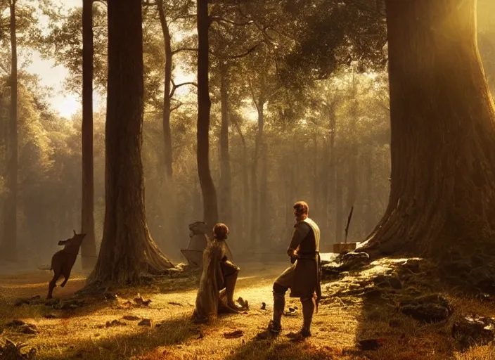 Prompt: close up cinematic artwork of Robin Hood at his camp in Sherwood forest, dusk, sun rays through the trees by Greg Rutkowski, 4k, masterpiece