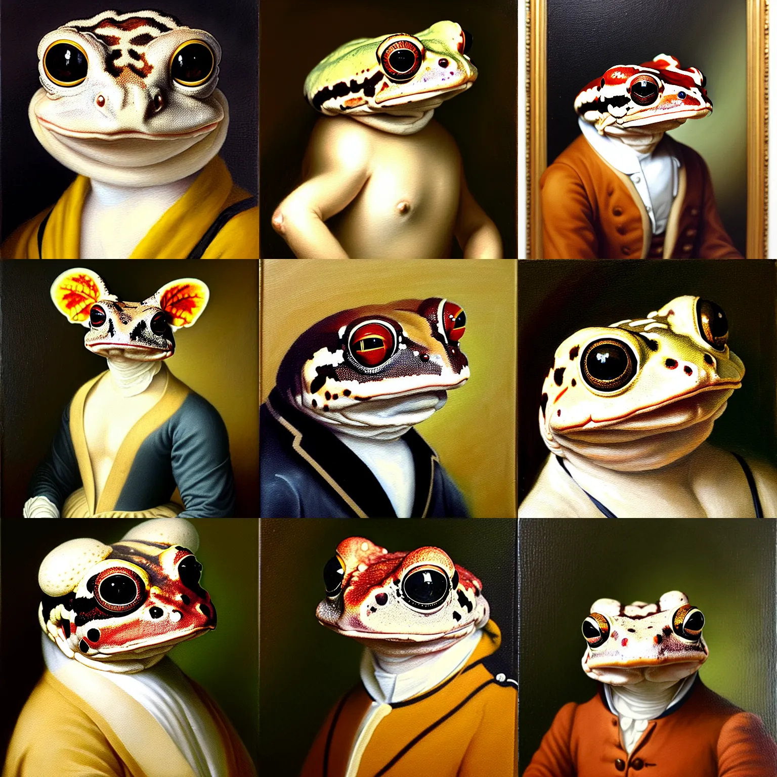 Prompt: a head and shoulders portrait painting of an anthropomorphic!!!!!!!!!! amazon milk frog!!!!!!!!!! wearing a colonial outfit without a hat looking off camera, a character portrait, classicism, oil on canvas, soft focus