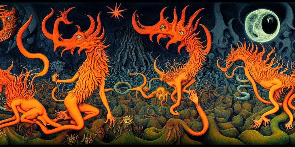 Image similar to fiery wild creatures and monsters in the imaginal realm of the collective unconscious, in a dark surreal painting by johfra, mc escher and ronny khalil