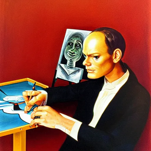 Image similar to robot artist artist painting a self portrait, by clyde caldwell, james c. christensen, george tooker