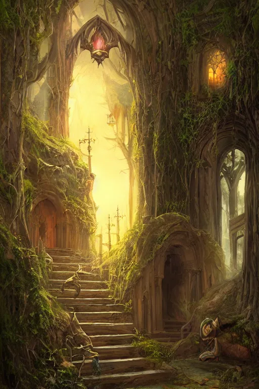 Prompt: matte painting of stone steps fantasy leading do a gothic doorway swung open, artstation by emilia dziubak, will terry, greg olsen, chris mars, ann long, and mark brooks, gret ritkowski dramatic, evening fireflies, architecture, colorful clean and sharp glossy, warcraft architecture