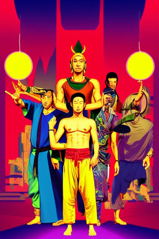 Image similar to journey to the west. pop art, symmetrical, gta vice city style, no duplicate image, glowing lights, ultra realistic, ultra highly details, digital painting, artstation, concept art, smooth, sharp focus, illustration, intecrate details, art by mark millar and richard hamilton and mimmo rottela, kirokaze and paul robertson