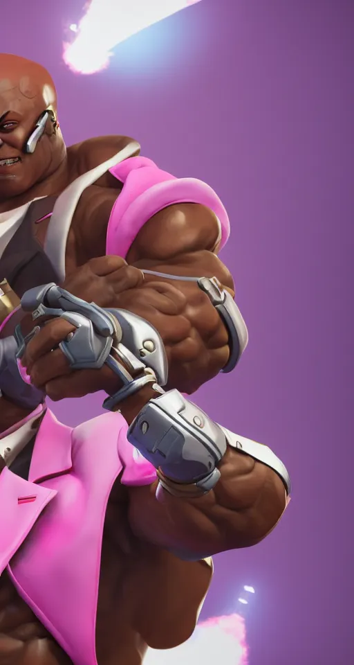 Image similar to doomfist, pink blazer, overwatch game, digital art, high detailed, artstation, 3 d render