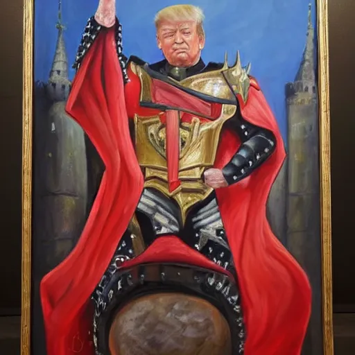 Prompt: oil painting of trump in midevil armor in castle on throne