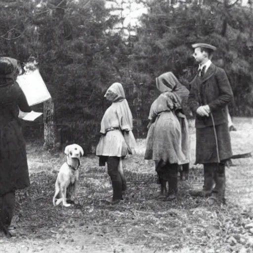 Prompt: a 1900s photo of a cultists worshiping a dog