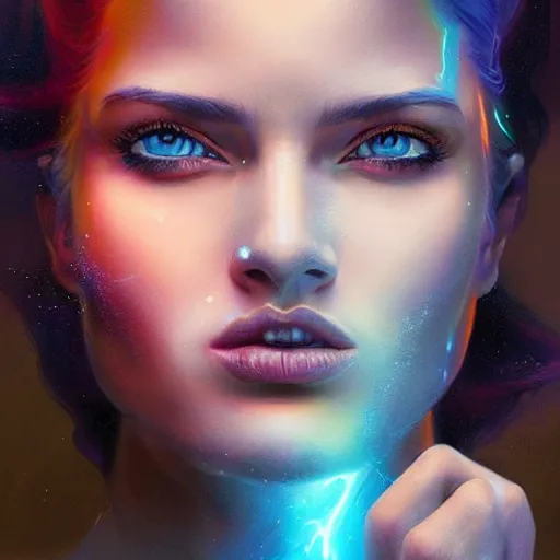 Image similar to hyperrealistic oil painting of electric hero, cute - fine - face, pretty face, oil slick hair, realistic shaded perfect face, extremely fine details, realistic shaded lighting, dynamic background, artgerm, 8 k ultra realistic, highly detailed, art by christopher balaskas