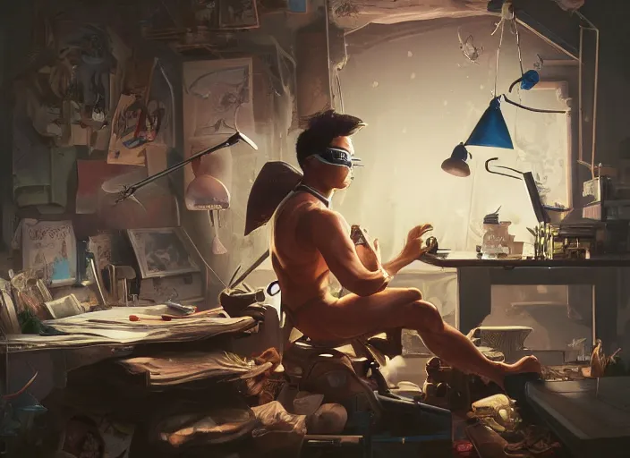 Image similar to an insanely detailed painting of an asian man wearing a homemade superhero costume, sitting at a desk, staring seriously at the computer and typing, in the style of peter mohrbacher, james jean, dramatic lighting and composition, surreal background, octane render, pixar, trending on artstation, concept art, comic book, view from behind, 8 k