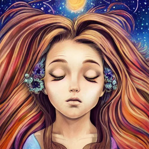 Image similar to Street art. A beautiful illustration of a young girl with long flowing hair, looking up at the stars. She appears to be dreaming or lost in thought. by Tim Shumate, by Carsten Meyerdierks elaborate, precise