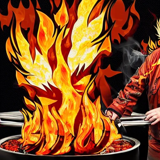 Prompt: guy fieri. surreal flames. abstract portrait. photoshop. bizarre. outdoor grill.