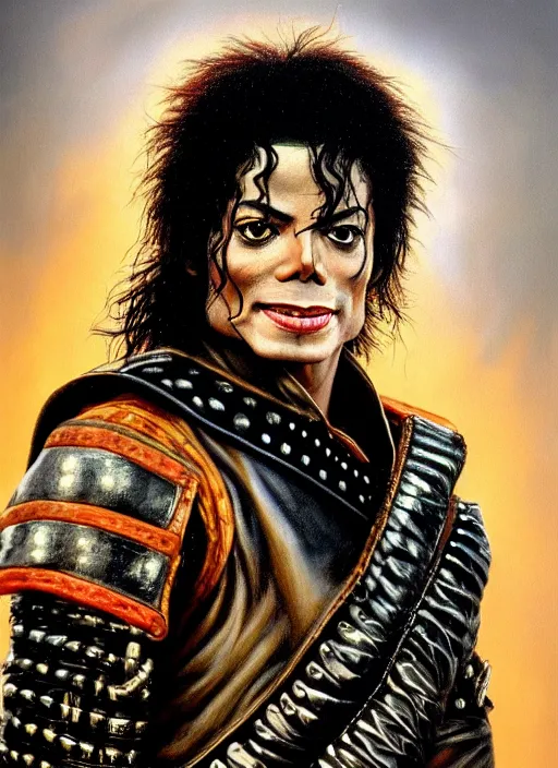 Prompt: portrait of michael jackson as a scheming warlord character in mad max 2 : the road warrior, film still, detailed realism face in painting, detailed beautiful portrait, oil painting masterpiece, 8 k resolution, smooth, sharp focus, trending on artstation, by rembrandt