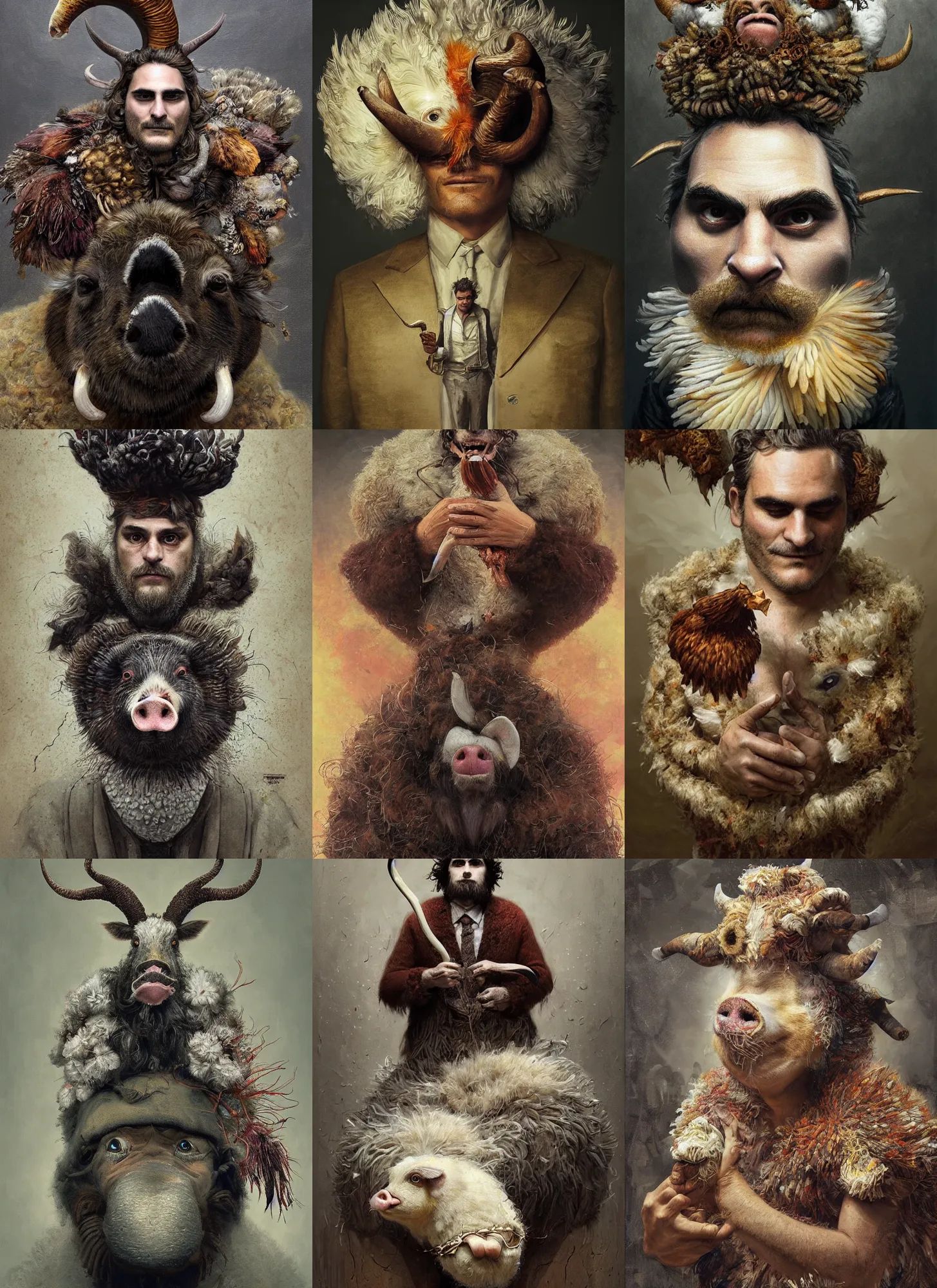 Prompt: a hyper detailed painting of a anthropomorphic joaquin phoenix as the king of animals, cow horns, pig nose, sheep wool, chicken feathers, horror, by anna podedworna, by miklos ligeti, by diego maricato, by taran fiddler, by antonino truisi, by chris reddie, on artstation