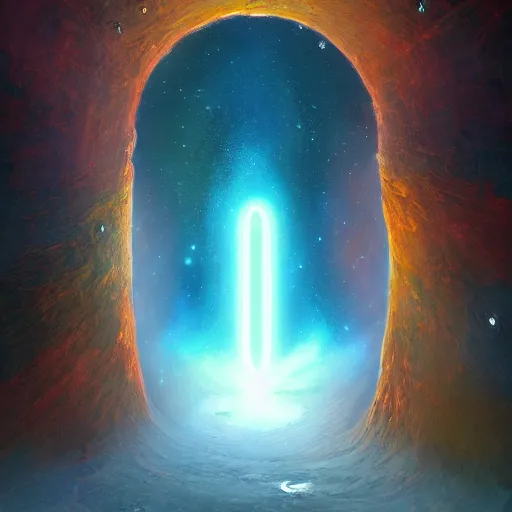 Prompt: A hyperdetailed digital oil painting of A doorway to the galaxy, Trending on ArtStation and DeviantArt