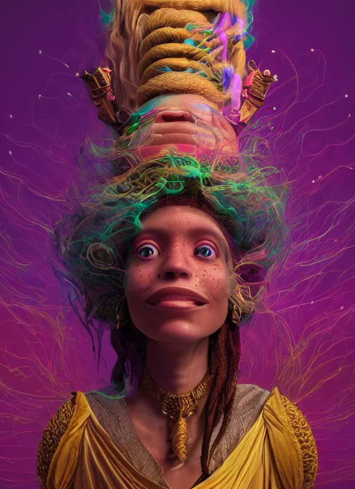 Image similar to an anthropomorphic beautiful smiling goddess female wizard portrait breathing fire wearing colourful robe, dreadlock breed hair, fine art, award winning, intricate, elegant, sharp focus, octane render, hyperrealistic, cinematic lighting, highly detailed, digital painting, 8 k concept art, art by jamie hewlett masterpiece, trending on artstation, 8 k