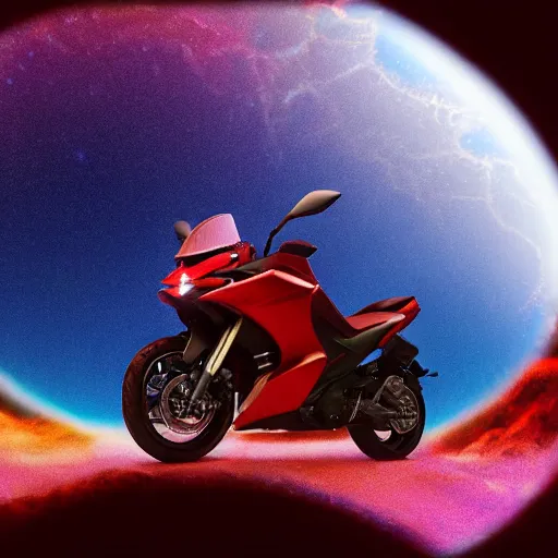 Prompt: high detail photo of a deserted red yamaha motorcycle floating in space inside magic colorful glowing sparkling fog, circular planet behind it, starry sky, tranquil, desolate, atmospheric, hazy, autochrome, 8k, reflections, octane render, unreal engine 5