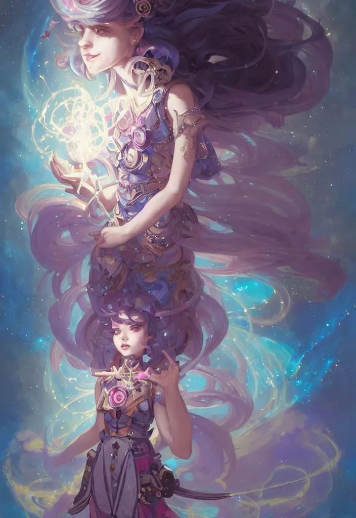 Image similar to full body picture of an maximalist dress magical girl, neat hair with bangs, smug face, extremely beautiful and aesthetic and detailed cute face and eyes, wipe out evils with cute astronaut familiar sprites, aming the magical beams to the camera, chiaroscuro, intricate, masterpiece, epic fantasy illustrations by peter mohrbacher and anato finnstark and jeremy lipking