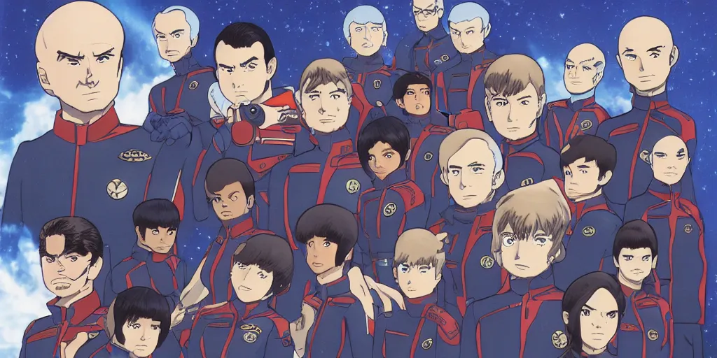 Prompt: Crew of The Orville in the style of Star Blazers, anime, Leiji Matsumoto