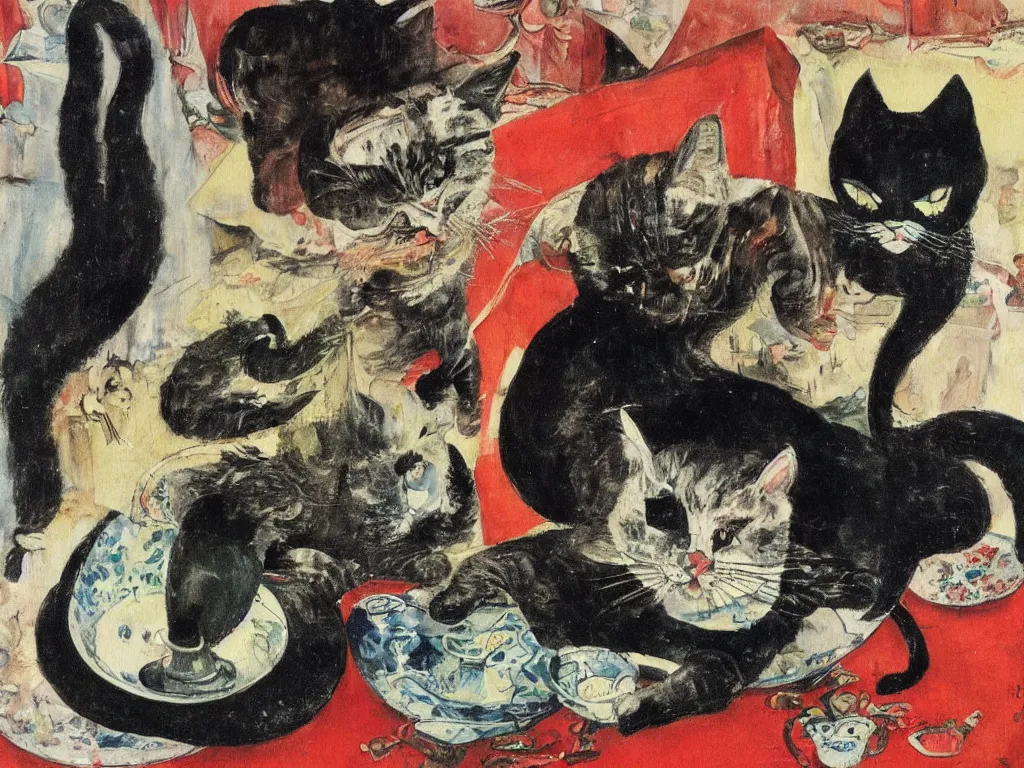 Prompt: cat breaking the china. Painting by Otto Dix