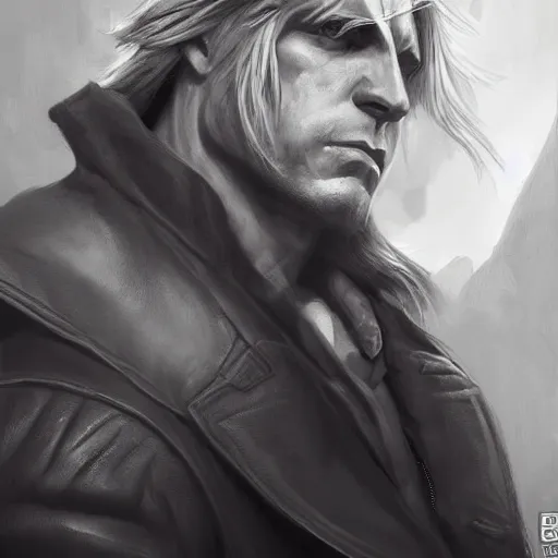 Image similar to portrait of a muscular, grim, ponytail haired blonde man in his late 30's, wearing a thick brown leather coat, looking to his side, hunter, DnD character, fantasy character, dramatic lighting, high detail, black and white digital art by Ruan Jia, Ilya Kuvshinov