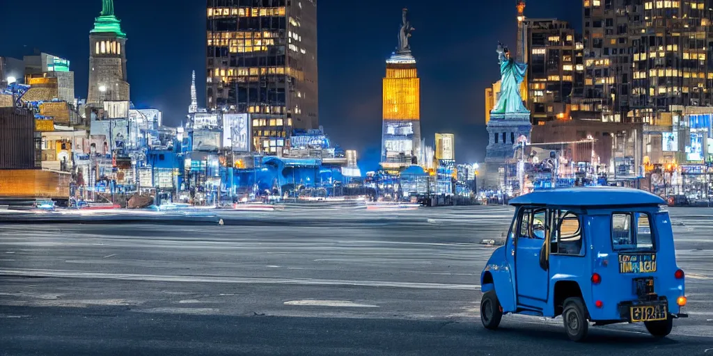 Image similar to a lonely blue tuk tuk with the statue of liberty in the background, night, full color