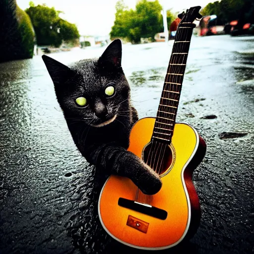 Prompt: cat smoking and playing guitar in the rain