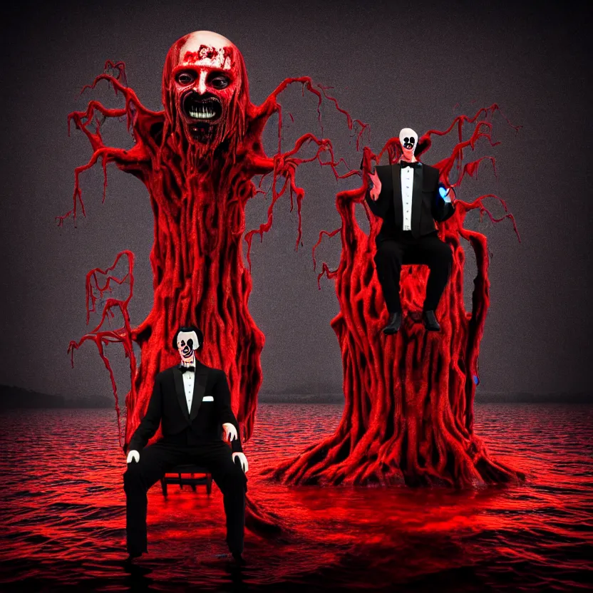 Image similar to a portrait of ( a man in a tuxedo with five heads, twelve arms, and sixteen legs ), sitting on ( chair made of human limbs ), ( the chair is floating in a lake of blood ), ( in the lake is a giant melting tree ), digital art, hyperrealistic nightmare scene, supernatural, highly detailed, creepy, terrifying