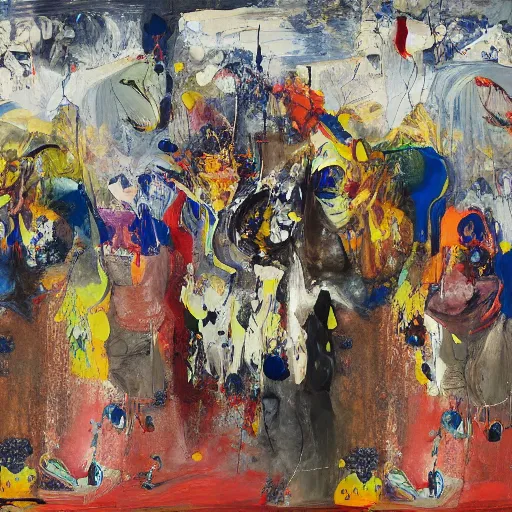 Prompt: _ in _ these _ paintings _ we _ see _ a _ who _ seem _ to _ be _ walking _ in _ circles, happy, painted by asger jorn, 8 k, in the style of ben quilty, oil paint with thick brushstrokes of paint, ultra detailed, realistic, paint drips all over