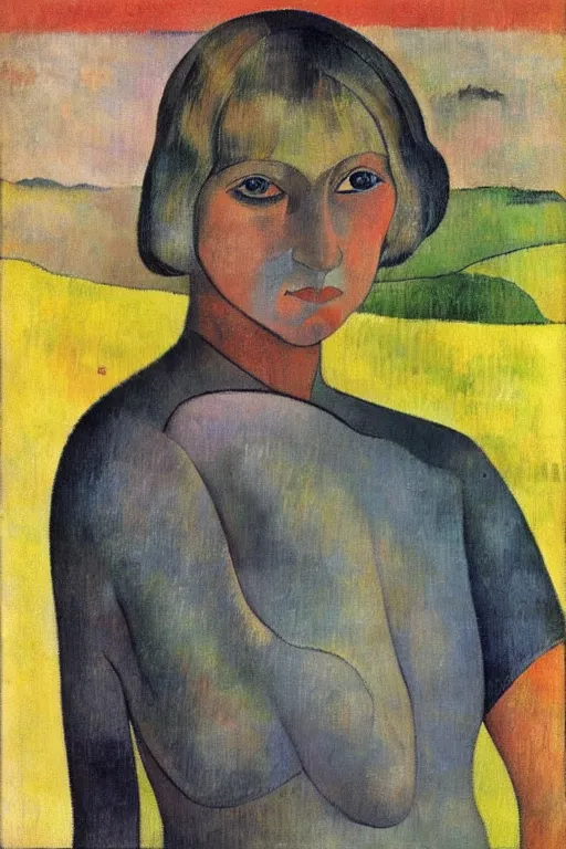 Image similar to blond hair woman with grey eyes and bob haircut drawn by paul gauguin