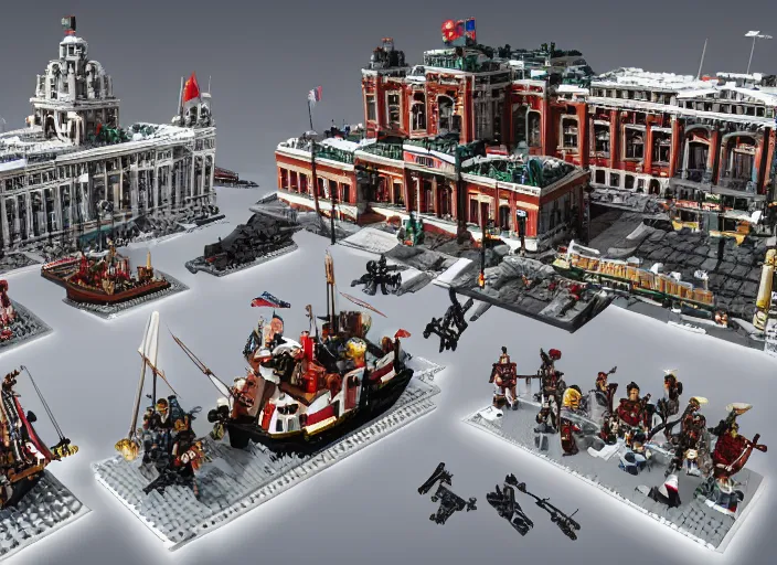 Image similar to hyper detailed stalin, lenin, revolutionary sailors together taking winter palace from bourgeoisie as lego characters, unreal engine 5, lumen, nanite, dslr