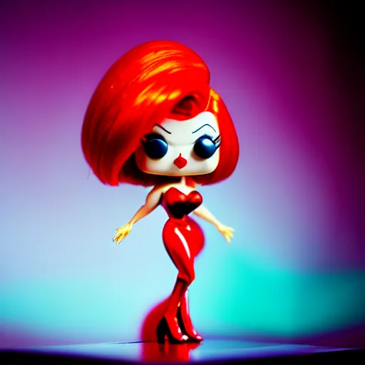 Prompt: Funko Pop doll of Jessica Rabbit taken in a light box with studio lighting, some background blur