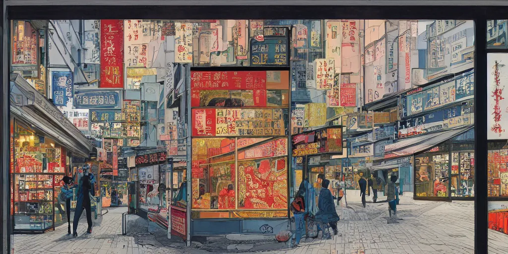 Image similar to a shop window in hong kong, by dan mumford and peter doig and edward hopper, minimal, black in, thick lines highly detailed, muted colours, overlaid with chinese adverts, 8 k