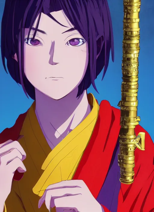 Image similar to teenager boy with straight indigo hair, purple eyes with red eye markers, slim body, wearing a detailed Japanese kimono with golden armpieces, holding a pair of fans. rich vivid colors, ambient lighting, dynamic lighting, 4k, official media, anime key visual, makoto shinkai, ilya kuvshinov, lois van baarle, rossdraws, detailed, trending on artstation