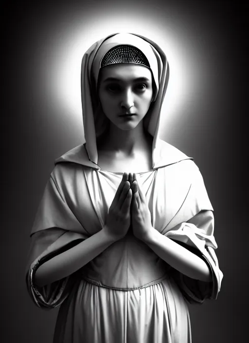 Prompt: surreal mythical dreamy dark artistic black and white fine art fashion portrait photo of a young beautiful delicate female robot - nun praying, spiritual, halo, glory, rim light, cinematic, studio dramatic light, poetic, masterpiece, octane render, 8 k, photo - realistic by gustave dore william bouguereau