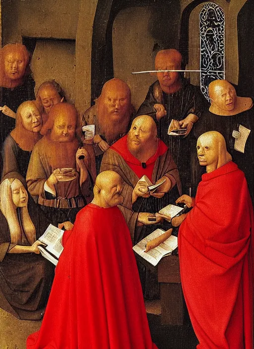 Image similar to fallen angels dressed in red reading the bible and arguing in Tuscany by Jan van Eyck, Hieronymus Bosch, 4k post-processing, highly detailed medieval painting