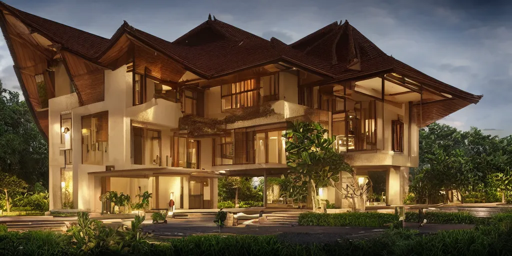 Image similar to 3d rendering of beautiful nature meets architecture concept of a residential house. balinese architecture, volumetric lighting, luxury, high detail, 14mm, cinematic photography, cg architects, high resolution
