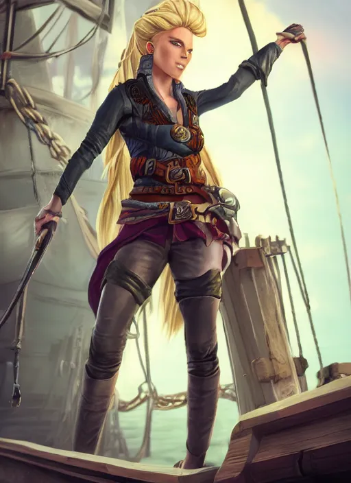 Prompt: An epic fantasy comic book style portrait painting of tall blonde haired female sky-pirate with a serious face and a pony tail in front of a metal gangplank in the style of the wheel of time, unreal 5, DAZ, hyperrealistic, octane render, cosplay, RPG portrait, dynamic lighting